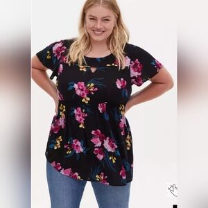 Torrid Babydoll Black Floral Gauze Keyhole Front Tunic Top 4X 26